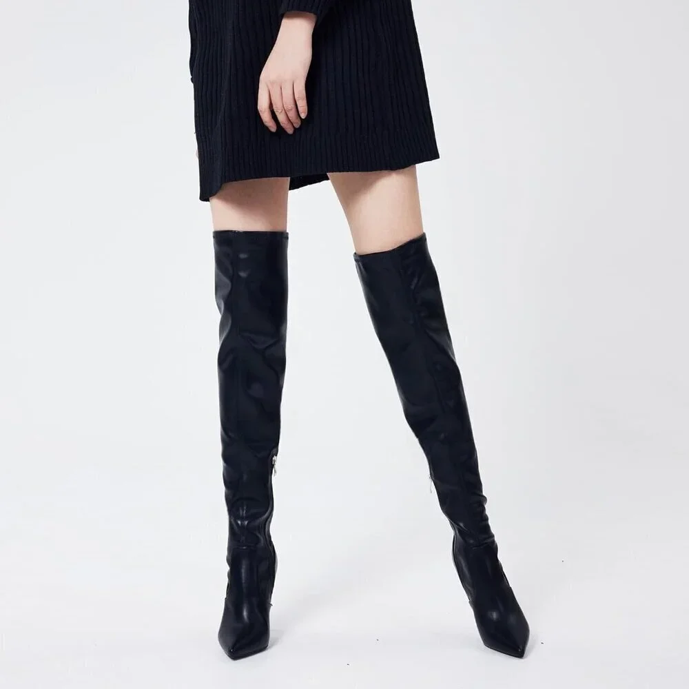 Women Black Matte Suede Pointed Toe 4.3 inch Stilettos Thigh High Heels Boots